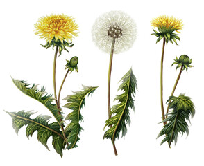 Obraz premium Illustration set of 3 dandelions. Floral field print. Decoration with wildflowers. Collection of medicinal plants