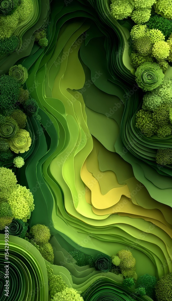 Poster abstract green layers with nature inspired carved design and smooth wave patterns for backgrounds