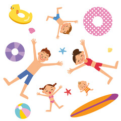 浜辺に寝てリラックスしている家族