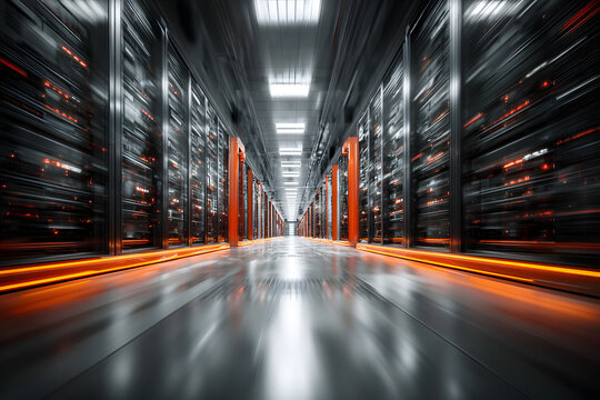 Data center with fiber optic cables connecting to servers showing high-speed internet connection and database information transfer for global communication and network technology