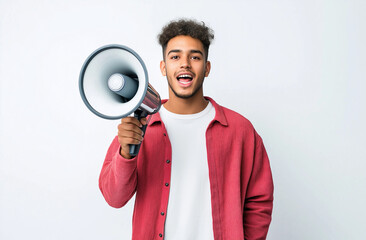 Young Handsome Indian Man with Megaphone – Sales Promotion & Advertising Concept, High-Resolution Studio Stock Photo with White Background & Copy Space