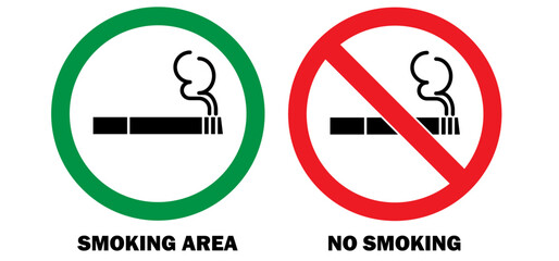 No smoking area and smoking area sign printable red, green, black colour. No smoking, ban. No smoking symbol. no smoke circle in red and green. Forbidden icon. stop symbol icon set
