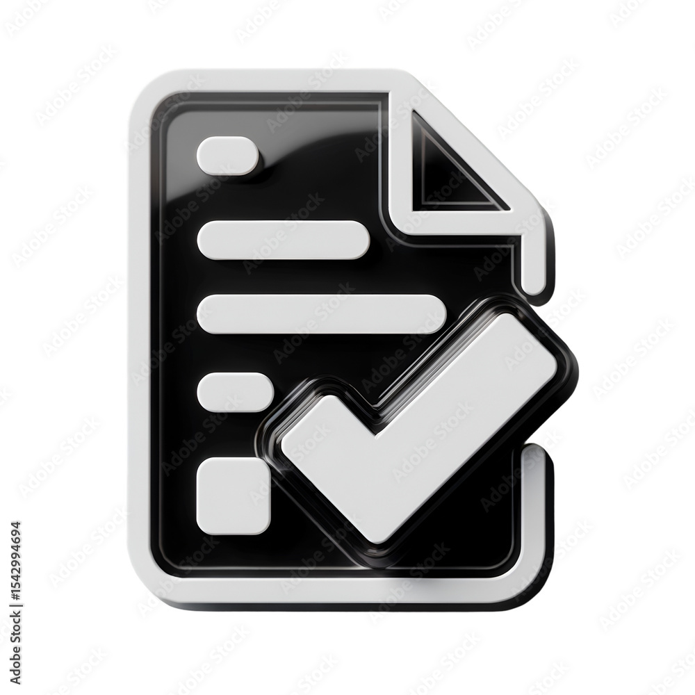 Poster 3 d render of a white plastic document icon with check mark on black background isolated on a transp