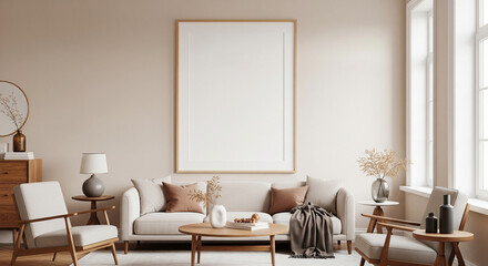 Neutral Living Room Interior Mockup Featuring an ISO A Paper Size Frame for Art Presentation in 3D Rendering	