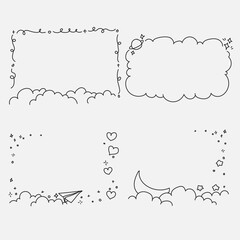 Set of hand drawn doodle frame clouds, stars and moon
