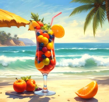 Illustration of furit juice with sandy beach and summer landscape.