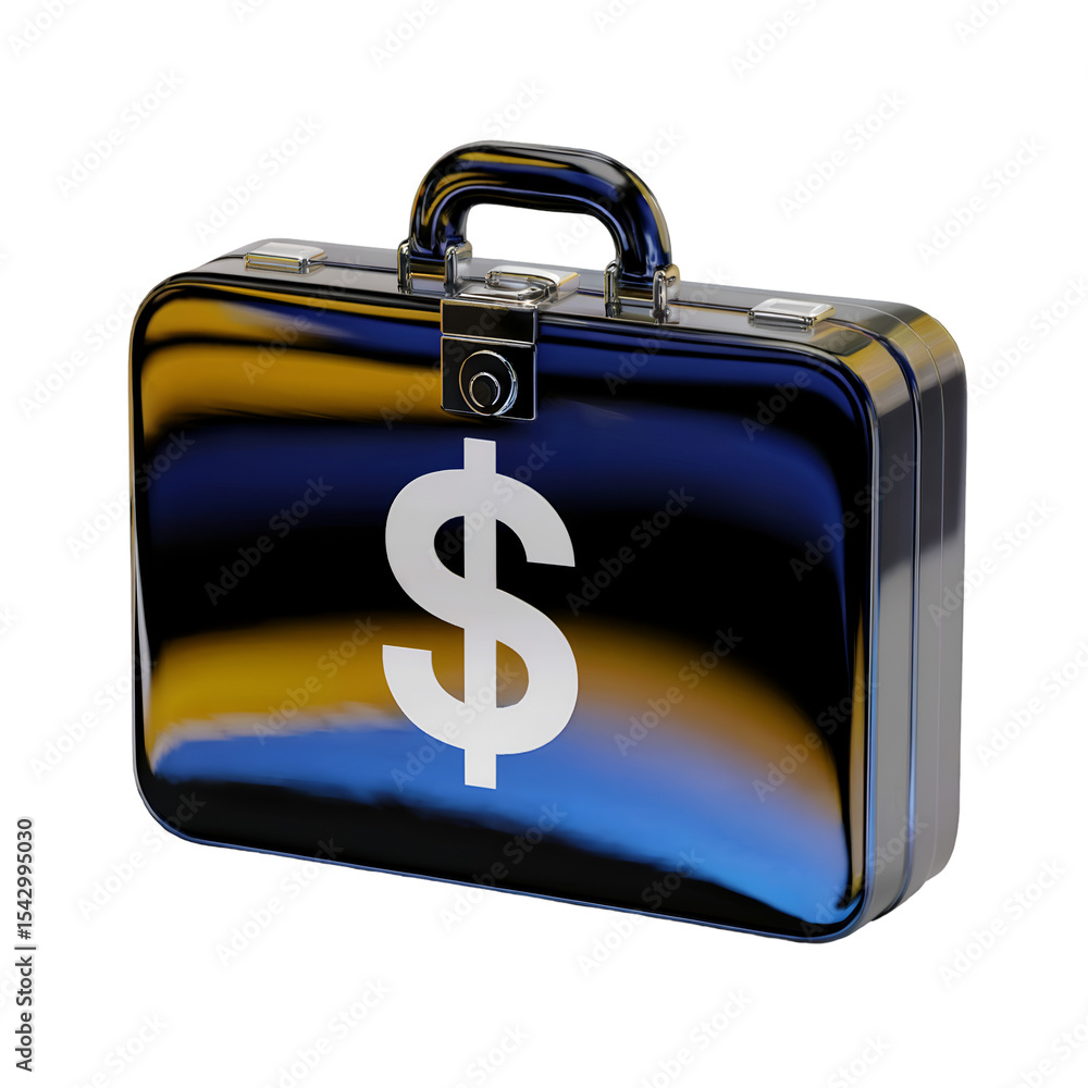 Poster glossy black briefcase 3 d render featuring a large white dollar sign symbol on a blue and yellow gr