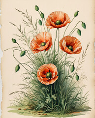 Traditional botanical book plate style featuring wild poppies and grasses in soft vintage watercolor tones