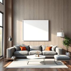 mockup of empty frame for wall art in modern living room interior photography stylish home decor print on demand showcase realistic room setup creative design space for artwork display