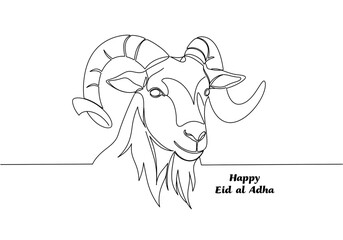 Continuous line drawing of a ram with happy eid al adha text on a white background simple design