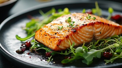 A luxurious fine-dining plate with elegantly plated salmon and microgreens 