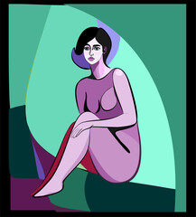 Colorful background, cubism art style,abstract sitting woman