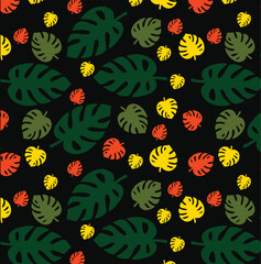 Dark Tropical Monstera Leaf Seamless Pattern with Colorful Foliage