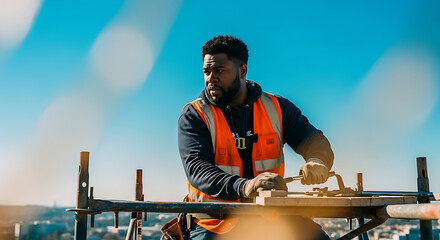 Dedicated Construction Worker in Hi-Vis Vest on Rooftop with City View Under Blue Sky