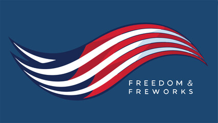 Stylized american flag wave design with freedom and fireworks text on a blue background design element