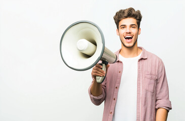 Young Handsome Indian Man with Megaphone – Sales Promotion & Advertising Concept, High-Resolution Studio Stock Photo with White Background & Copy Space