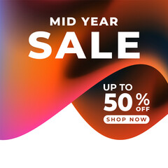 MID YEAR SALE OFFERS AND PROMOTION 50 PERCENT OFF. TEMPLATE BANNER DESIGN.COLORFUL GRADIENT MESH BACKGROUND VECTOR. GOOD FOR SOCIAL MEDIA POST, COVER , POSTER 
