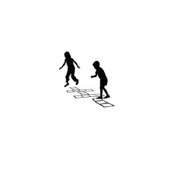Silhouette of two kids playing hopscotch on the ground on white background