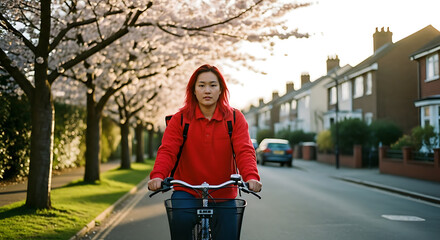 Young woman riding bicycle on suburban street lined with blooming cherry blossom trees during golden hour