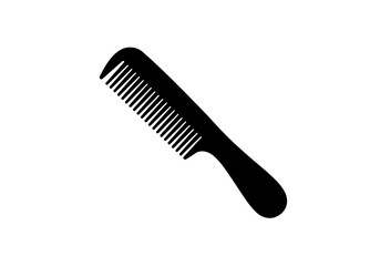 A simple black comb with evenly spaced teeth isolated on a white background in a clean design