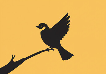 Silhouette of a bird perched on a branch with one wing raised against a yellow background design
