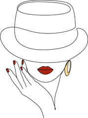 Linear portrait of a woman in a hat. Beauty and glamour concept. Cap headgears for lady.