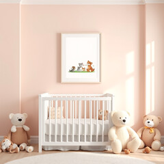 mockup frame for nursery wall decoration whimsical portrait orientation pastel colors with plush toys creative print on demand artwork display for children's themes ideal for online marketing and sale