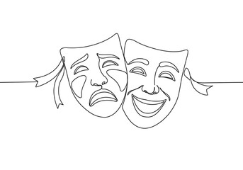 Continuous line drawing of comedy and tragedy masks in black and white illustration style art