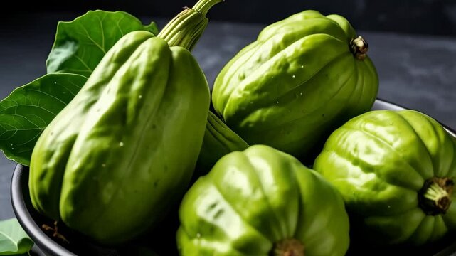 Bowl of vibrant green chayote squash, whole, raw, with leaves, close up, set against a dark background, studio shot, natural light.