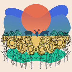 Wallpaper of the sunflowers field , deers landscape, sunset  tones, sci-fi influenced, photo-realistic landscapes, symmetrical
