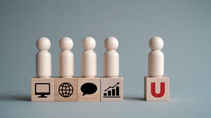 Wooden figures on blocks representing different concepts.