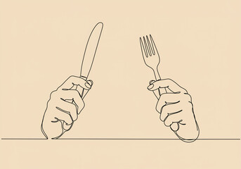 Continuous line drawing of hands holding a fork and knife on a beige background surface line