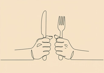 Continuous line drawing of hands holding a fork and knife ready to eat on a beige background space