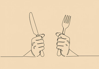 A single continuous line drawing of hands holding a knife and fork on a light brown background