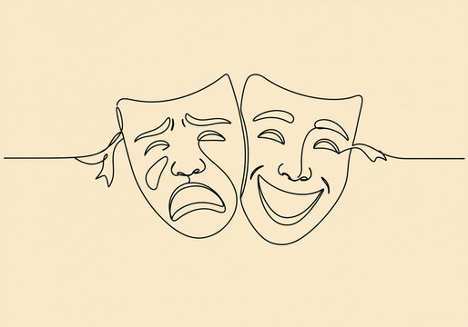 Continuous line drawing of comedy and tragedy theatrical masks on a light beige background