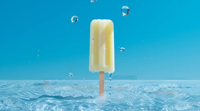 Un helado en paleta de lim&oacute;n sobre fondo azul con gotas de agua en el aire
