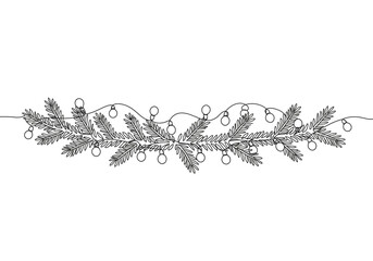 A line drawing of a christmas garland with pine branches and round lights on a white background