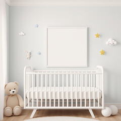 mockup portrait frame for nursery playful pastel colors whimsical children's decor crib-side poster display with plush toys serene wall art 3d rendering digital art for print on demand solution