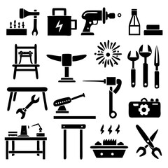 Power tools like a drill circular saw angle grinder and jackhammer shilouette
