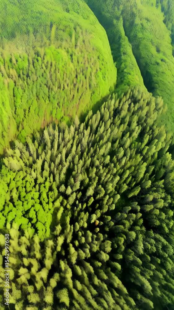 Poster aerial view captures lush green treetops of a dense forest, presenting a pattern of tree canopies un