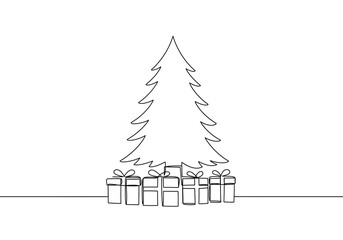 Continuous line drawing of a christmas tree with gifts underneath in a minimalist style design art