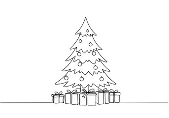 A christmas tree decorated with ornaments and gifts drawn with single continuous line style art