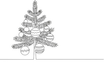 Continuous line drawing of a christmas tree decorated with baubles and a bow on a white background