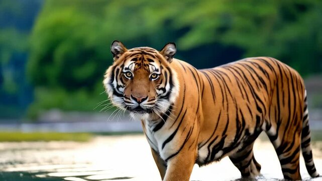 Striking tiger wading in water, looking at the camera in a wildlife nature setting, with green blurred background