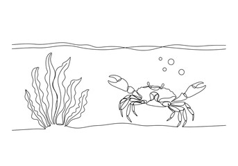 Single line drawing of a crab with seaweed and bubbles under the water surface in black and white