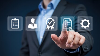 A person interacts with digital icons representing business processes.