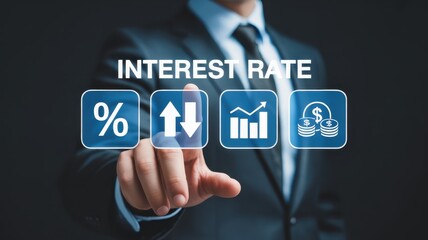 Person selecting interest rate options on a touch screen interface.