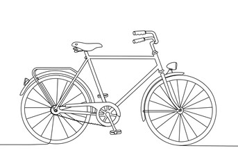 A line drawing of a vintage bicycle with front light and rear rack on a white background plain style