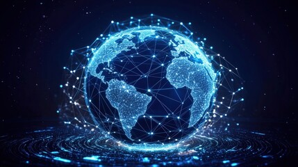 Obraz premium Digital globe with interconnected nodes represents global network, data exchange, and advanced technology in a futuristic space setting.