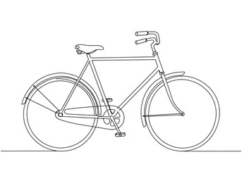 A simple line drawing of a bicycle with a seat handlebars and two wheels on a white background